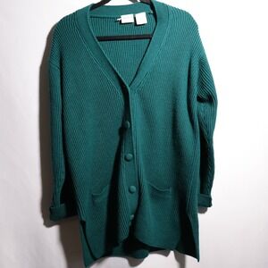 VTG Bobbie Brooks Womens Teal Green Ribbed Button Up Cardigan Sweater M Preppy